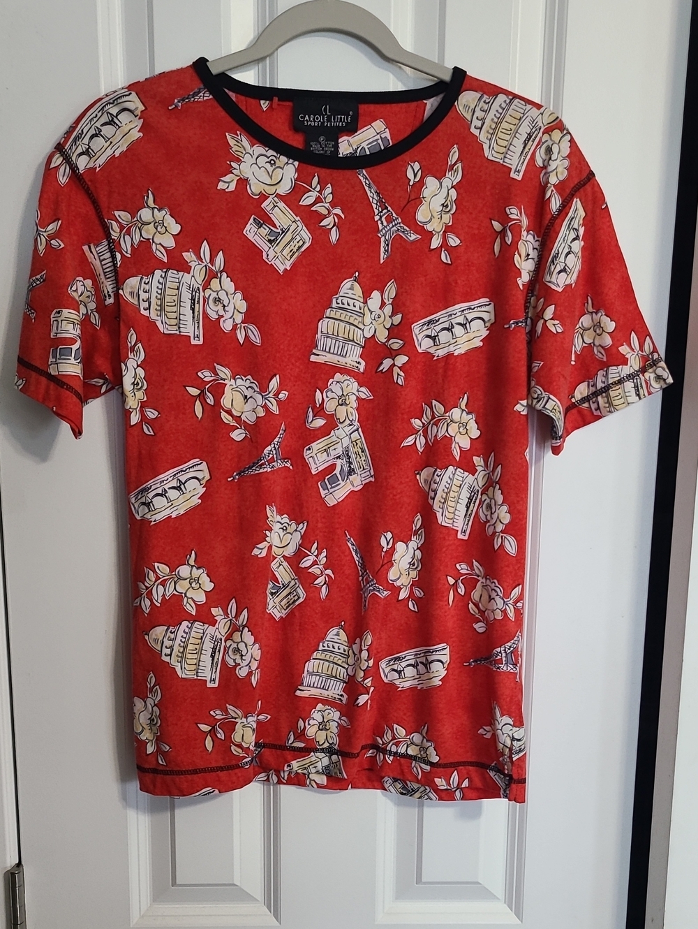 Carole Little Red Short Sleeve Tee with White & Cream Floral and Landmark Print
